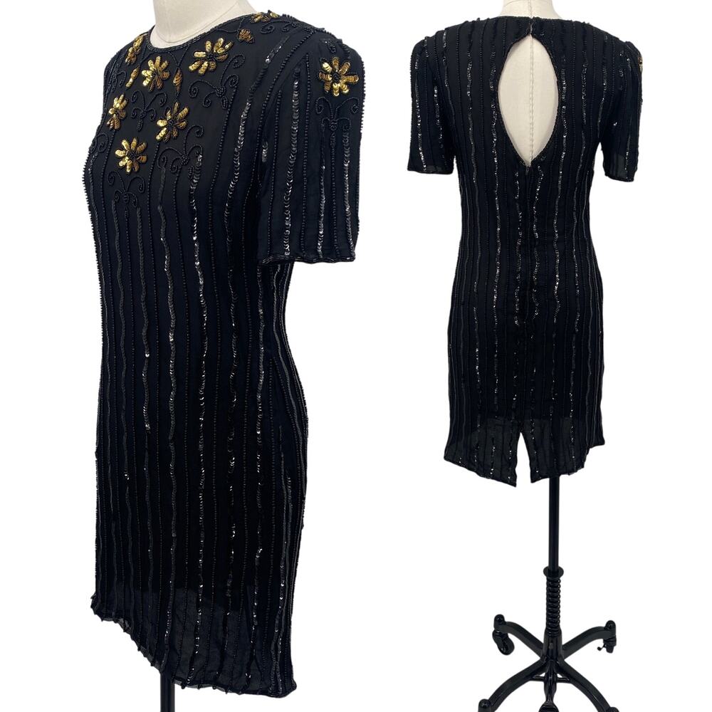 Vintage 80s Beaded Silk Mini Dress Sequined Flower Embellishments Black Gold XS